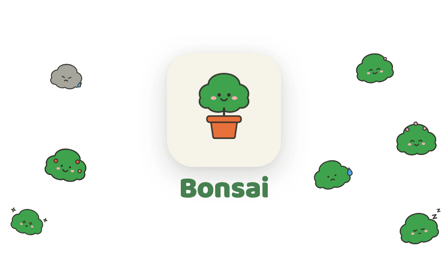 Bonsai app icon and wordmark surrounded by the bonsai mascot in its growth and mood states