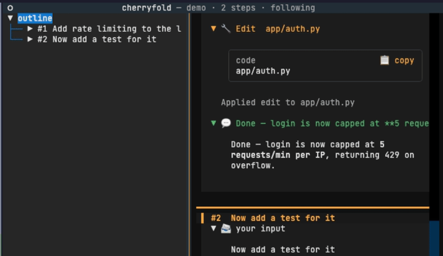 cherryfold running in a terminal: an outline of session steps beside collapsible blocks with copy buttons