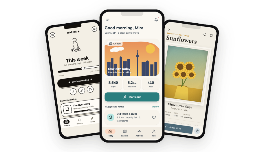 Three example apps generated by the skill: Margin, Stride and Atrium