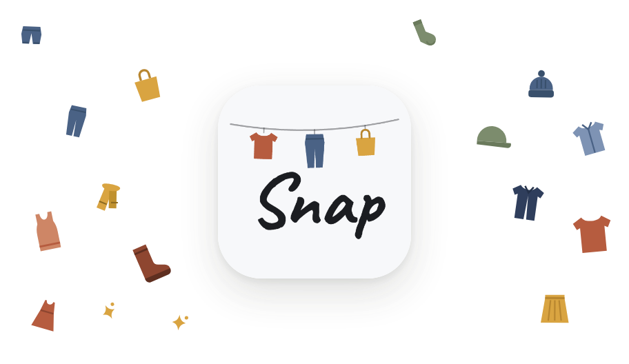 Snap Closet app icon surrounded by garment icons